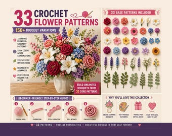 Flower crochet Patterns, 33 in 1 Bundle Floral Bouquet Designs PDF, mothers day gift amigurumi