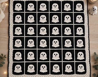 Modèle de couverture au crochet « Grand-mère fantôme » (carré), tutoriel PDF, plaid d'Halloween au crochet mosaïque effrayant
