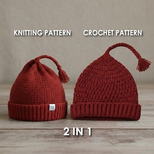 Puede incluir: Se muestran dos gorros rojos tejidos y de ganchillo. El gorro de la izquierda está tejido, con un borde doblado y una pequeña etiqueta. El gorro de la derecha está tejido a ganchillo, con una parte superior puntiaguda y una borla. El texto superior dice "KNITTING PATTERN" y "CROCHET PATTERN". El texto "2 IN 1" está en la parte inferior.