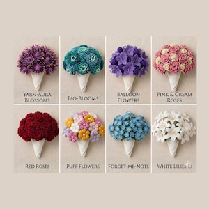 Puede incluir: Una colección de ocho arreglos florales hechos a mano, cada uno presentado en un cono blanco. Las flores varían en color, incluyendo púrpura, verde azulado, rosa, rojo, amarillo, azul y blanco. Las etiquetas de texto identifican cada arreglo: Yarn-Aura Blossoms, Bio-Blooms, Balloon Flowers, Pink & Cream Roses, Red Roses, Puff Flowers, Forget-Me-Nots y White Lilies.