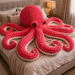 Puede incluir: Un gran peluche de pulpo rojo hecho a mano con ganchillo, con detalles blancos en los tentáculos. El pulpo tiene ojos negros y está colocado sobre una cama. Esta criatura suave y achuchable es un artículo decorativo.