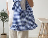 Slouchy Bow Bag Sewing Pattern PDF, Ruffle Hem Gingham Tote Guide, Beginner Friendly