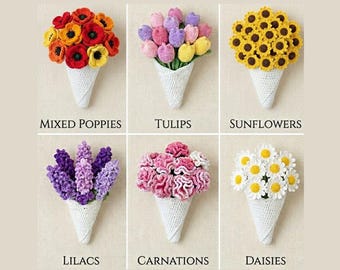Crochet Flower Bouquet Blanket Pattern PDF – 6 in 1 Floral Blanket poppies, tulips, sunflower, daisy