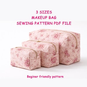Makeup Bag Sewing Pattern – 3 Sizes Quilted boxy Cosmetic Pouch (Digital Download)