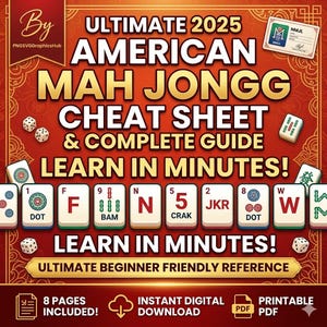 Mahjong Cheat Sheet, 2025 Printable NMJL Rules Guide, Practice Tiles Beginner Reference Card PDF