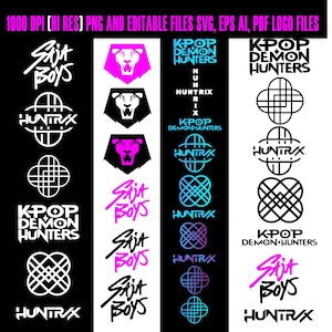 May include: A graphic design featuring various logos and text elements. The logos include stylized lion heads, geometric shapes, and text such as "K-POP DEMON HUNTERS", "Sijit Boys", and "Huntrix". The color palette includes black, white, pink, and blue.
