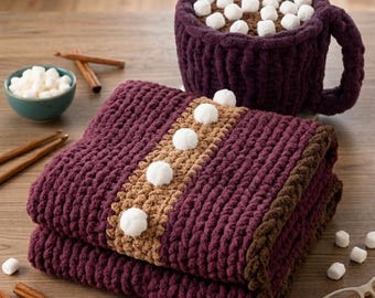 Chunky crochet motif de couverture de tasse de cacao chaud, décor de guimauve (téléchargement PDF)