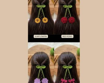 Elastique à cheveux fleuri au crochet, motif PDF – 4 en 1 Elastiques à cheveux fleuris tournesol, rose, noeud