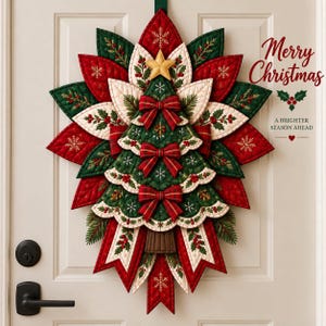 Patrón de costura PDF para colgar en la puerta con forma de árbol de Nochebuena acolchado, plantillas imprimibles en A4 + archivos SVG, corona de tela 3D para decoración navideña.