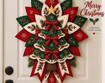 Patron de couture PDF pour une décoration de porte en forme de poinsettia de Noël matelassé, modèles imprimables A4 + fichiers SVG, couronne en tissu 3D pour les fêtes