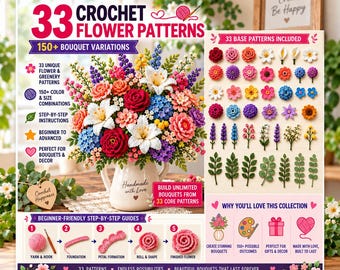 Flower crochet Pattern, 33 flower crochet pattern Bundle, crochet bouquet, crochet vase pattern