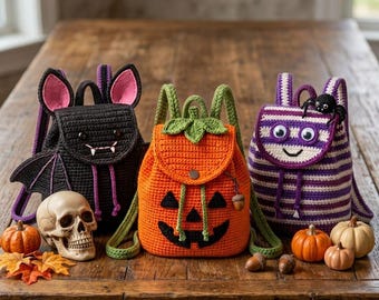 Modèle de sac à dos d'Halloween au crochet, chauve-souris citrouille momie, téléchargement PDF