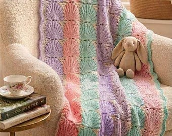 Modèle de couverture au crochet, plaid en point coquille pastel, 8 tailles (bébé à adulte) - PDF