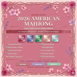 Op de afbeelding: Een roze en witte American Mahjong cheat sheet met bloemaccenten. De gids bevat de tekst "2026 American Mahjong" en details over regels, handen en scoren. Het bevat gekleurde vakken met speltegel aanduidingen.