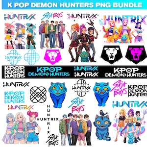 Puede incluir: Un paquete de arte digital con el texto "K POP DEMON HUNTERS PNG BUNDLE" e ilustraciones de personajes de estilo anime. Los diseños incluyen logotipos, personajes y el texto "HUNTRAX" y "Sija Boys".