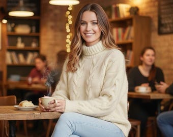 Handmade Alpaca Cable Knit Sweater: Oversized Turtleneck Jumper