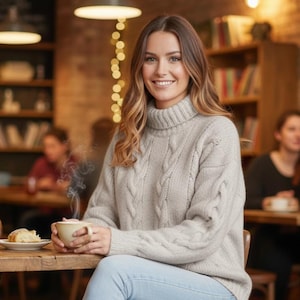 Handmade 100% Alpaca Cable Knit Turtleneck Sweater - Oversized Winter Jumper