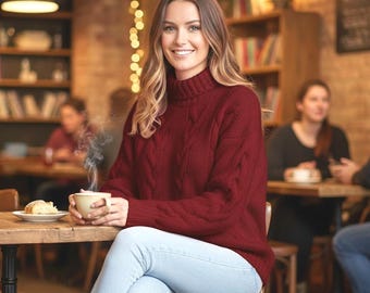 Handmade Alpaca Cable Knit Sweater: Oversized Turtleneck Jumper