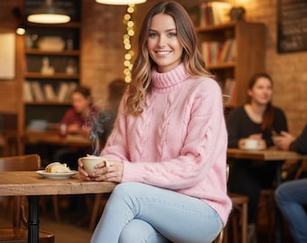 Handmade 100% Alpaca Cable Knit Sweater: Chunky Turtleneck Jumper