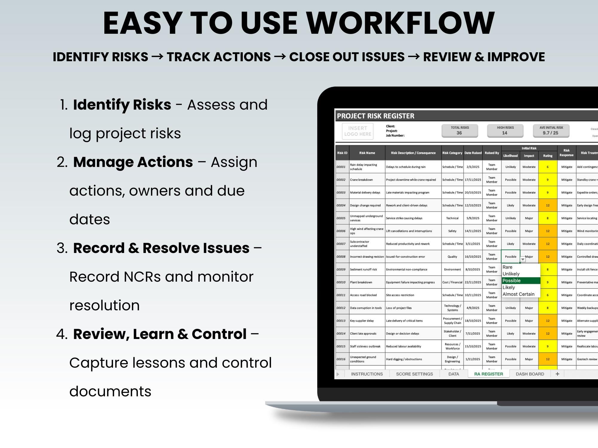 HSEQ Excel Templates Pack | Risk Register, Corrective Actions, NCR ...