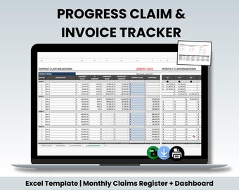 May include: A laptop screen displays a spreadsheet titled "PROGRESS CLAIM & INVOICE TRACKER." The spreadsheet is organized with columns for contract works, descriptions, and financial data. The text "Excel Template | Monthly Claims Register + Dashboard" is at the bottom.