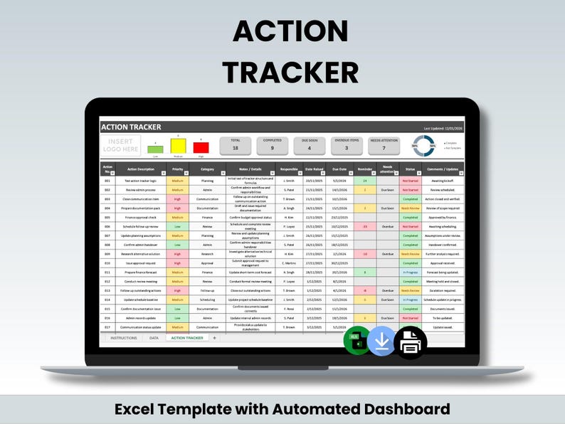 Action Tracker Excel Template With Automated Task, Priority & Due Date ...