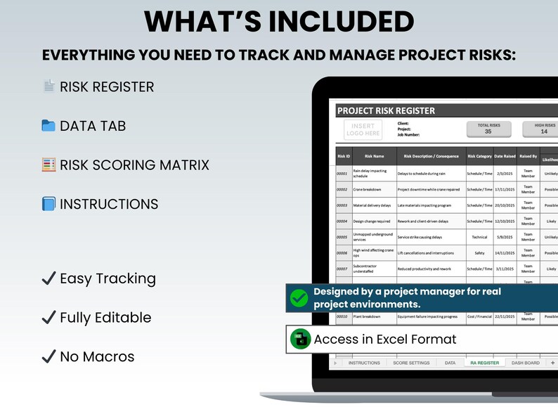 Basic Risk Register Excel First Column Risk Register Template – Excel | Simple Risk Log With Scoring Matrix ...