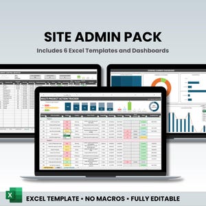 Puede incluir: Tres portátiles que muestran plantillas y paneles de Excel. El texto "SITE ADMIN PACK" y "Includes 6 Excel Templates and Dashboards" están en la parte superior. La parte inferior de la imagen tiene el texto "EXCEL TEMPLATE • NO MACROS • FULLY EDITABLE".