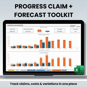 Puede incluir: Una pantalla de portátil muestra un panel financiero titulado "PROGRESS CLAIM + FORECAST TOOLKIT". La pantalla muestra gráficos y visualizaciones de datos para el seguimiento de reclamaciones, costes y variaciones. El texto "Track claims, costs & variations in one place" está en la parte inferior.
