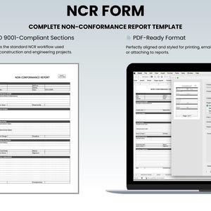 May include: Image of a complete non-conformance report template. The document is displayed on a white sheet of paper and on a laptop screen. The text includes "NCR FORM" and "ISO 9001-Compliant Sections". The template is designed for construction and engineering projects.