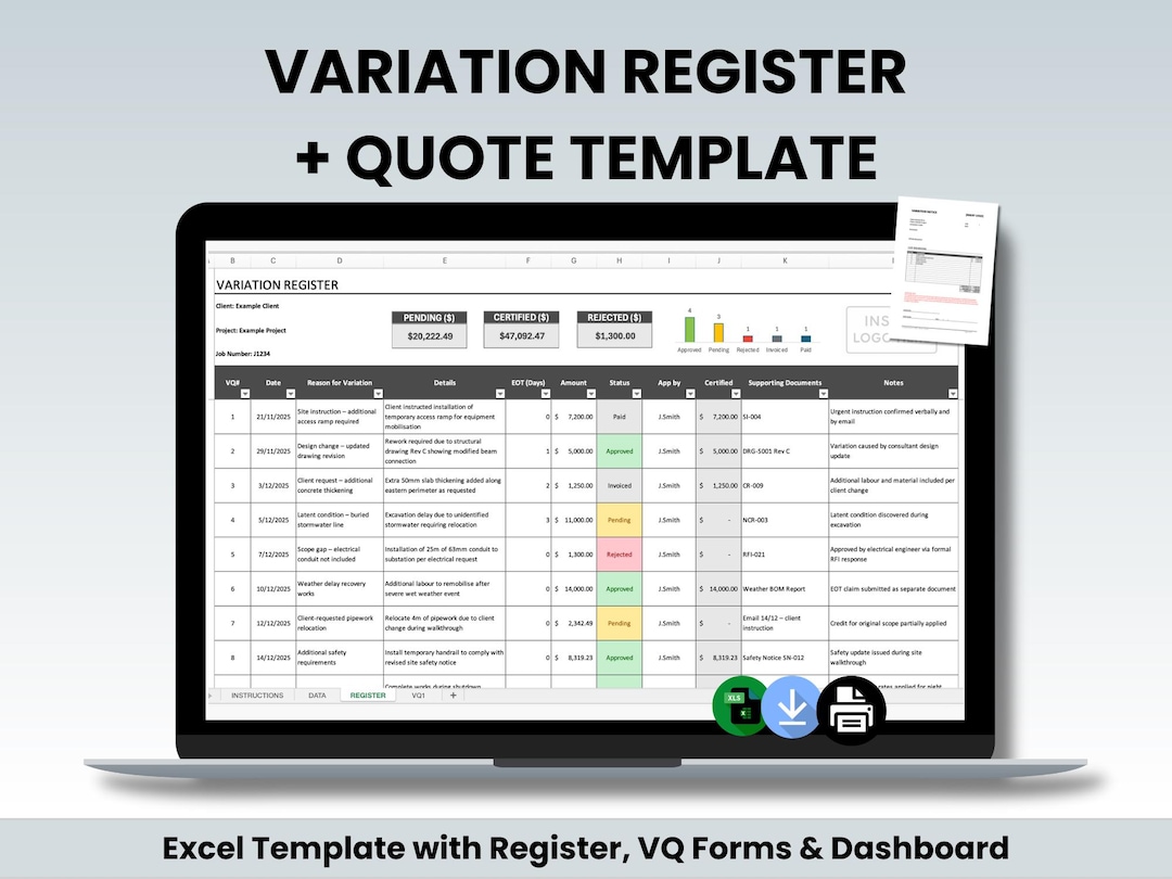 Variation Register & Quote Template (excel) | Change Orders Log | Form ...