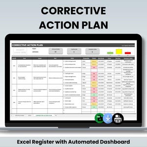 May include: A laptop displays a "Corrective Action Plan" spreadsheet. The screen shows a table with rows and columns, including issue ID, project, impact, goal, and action. The text "Excel Register with Automated Dashboard" is at the bottom.