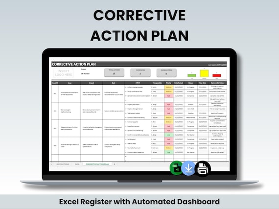Corrective Action Plan – Excel Template | Action Register + Dashboard