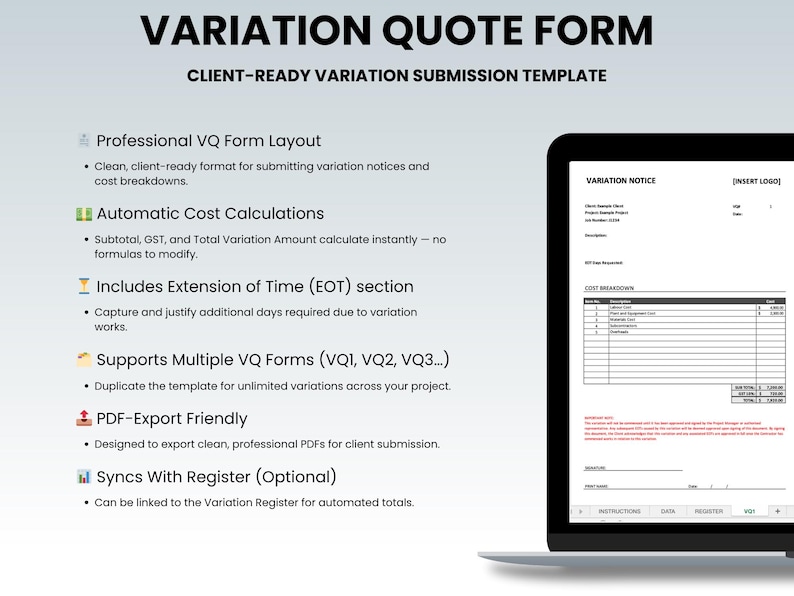 Variation Register & Quote Template (excel) | Change Orders Log | Form ...