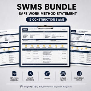 May include: A digital bundle of 15 Safe Work Method Statement templates for construction, presented on a clipboard with A4 landscape formatting. Includes PDF and Word files, featuring editable sections for project details, risk controls, and safety icons.