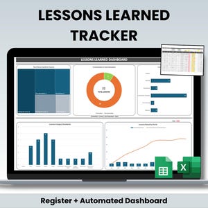 May include: A digital lessons learned tracker displayed on a laptop screen, featuring a dashboard with a treemap, a donut chart showing 22 total lessons, bar charts, and a line graph. Icons for spreadsheet software are visible in the bottom corner.