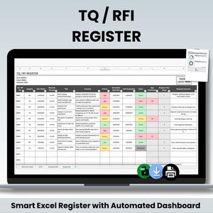 Op de afbeelding: Een laptopscherm toont een spreadsheet met de titel "TQ/RFI REGISTER". De spreadsheet bevat kolommen voor verschillende gegevens, waaronder datums, titels en statussen. De tekst "Smart Excel Register with Automated Dashboard" staat onderaan.