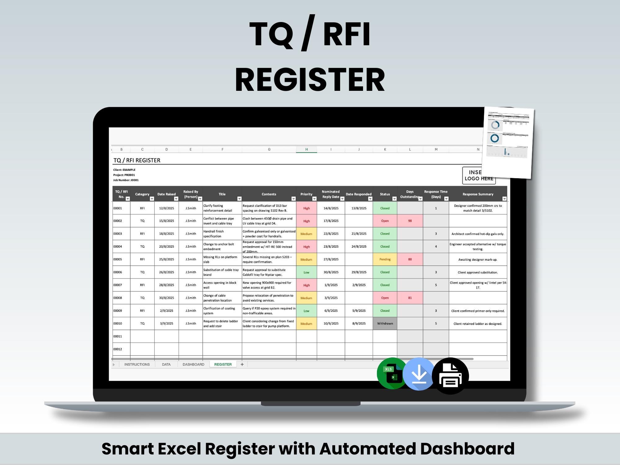 TQ / RFI Register Excel Template With Automated Dashboard | Project ...