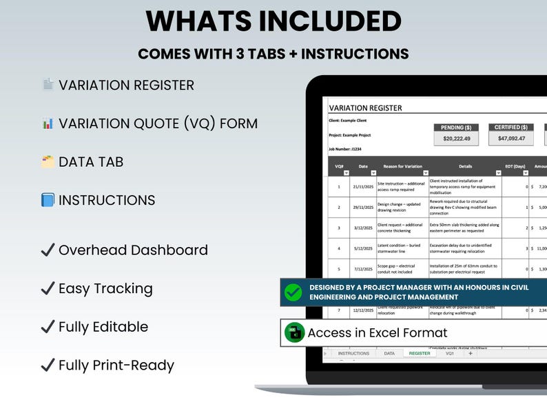Variation Register & Quote Template (excel) | Change Orders Log | Form ...