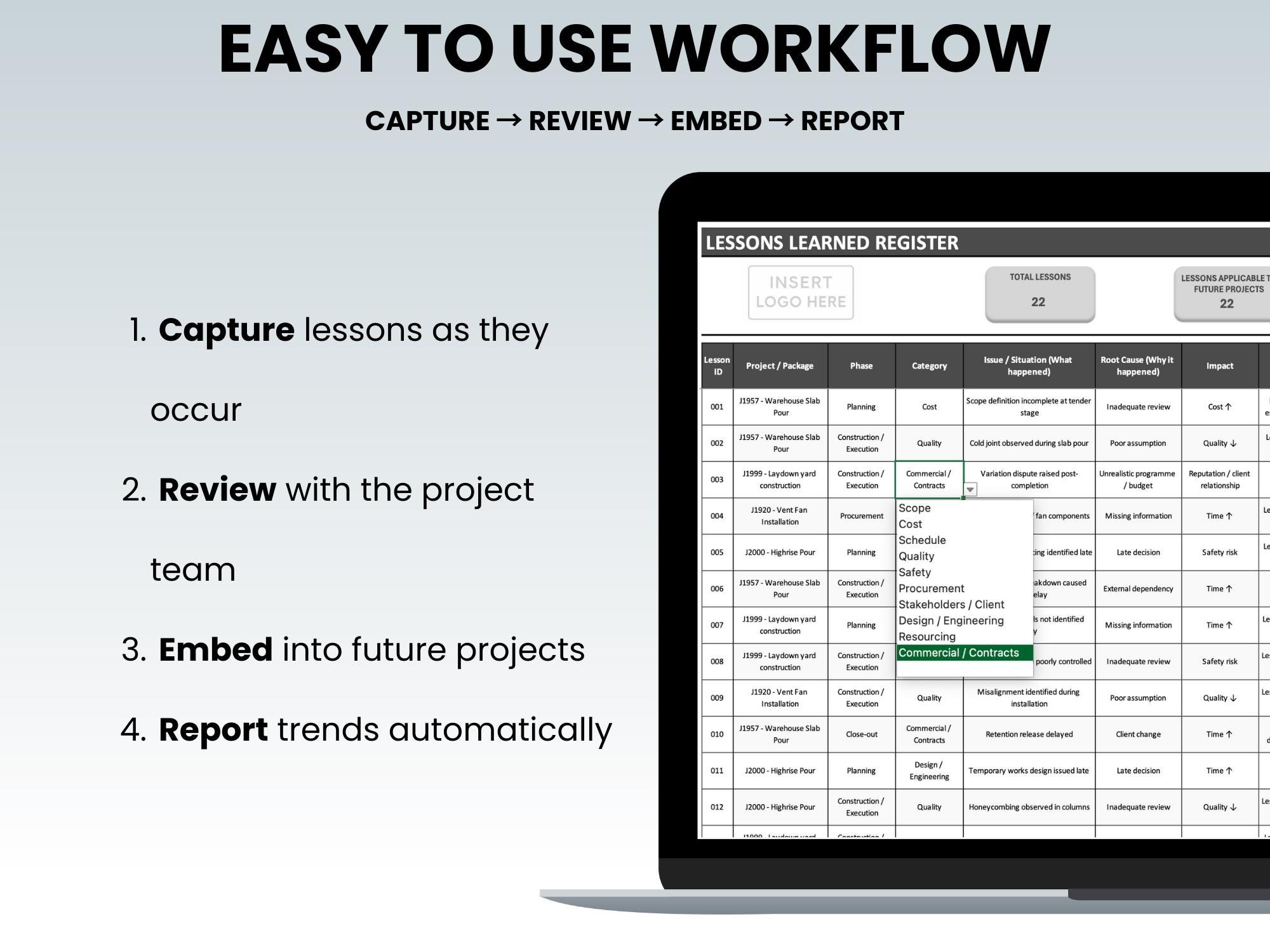 Lessons Learned Tracker Excel Template | Construction Register / Log ...