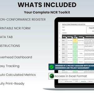 May include: A laptop screen displays a Non-Conformance Register (NCR) with data tables and instructions. The image highlights features like an overhead dashboard, easy tracking, and auto-calculated metrics. Text on the screen reads "Access in Excel Format."