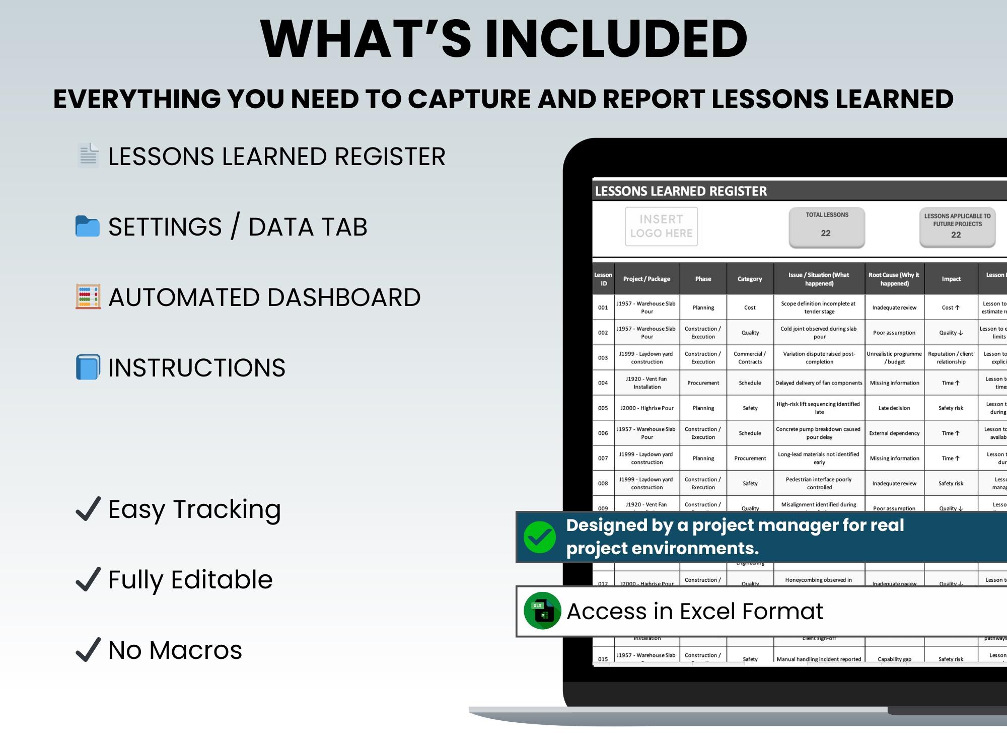 Lessons Learned Tracker Excel Template | Construction Register / Log ...