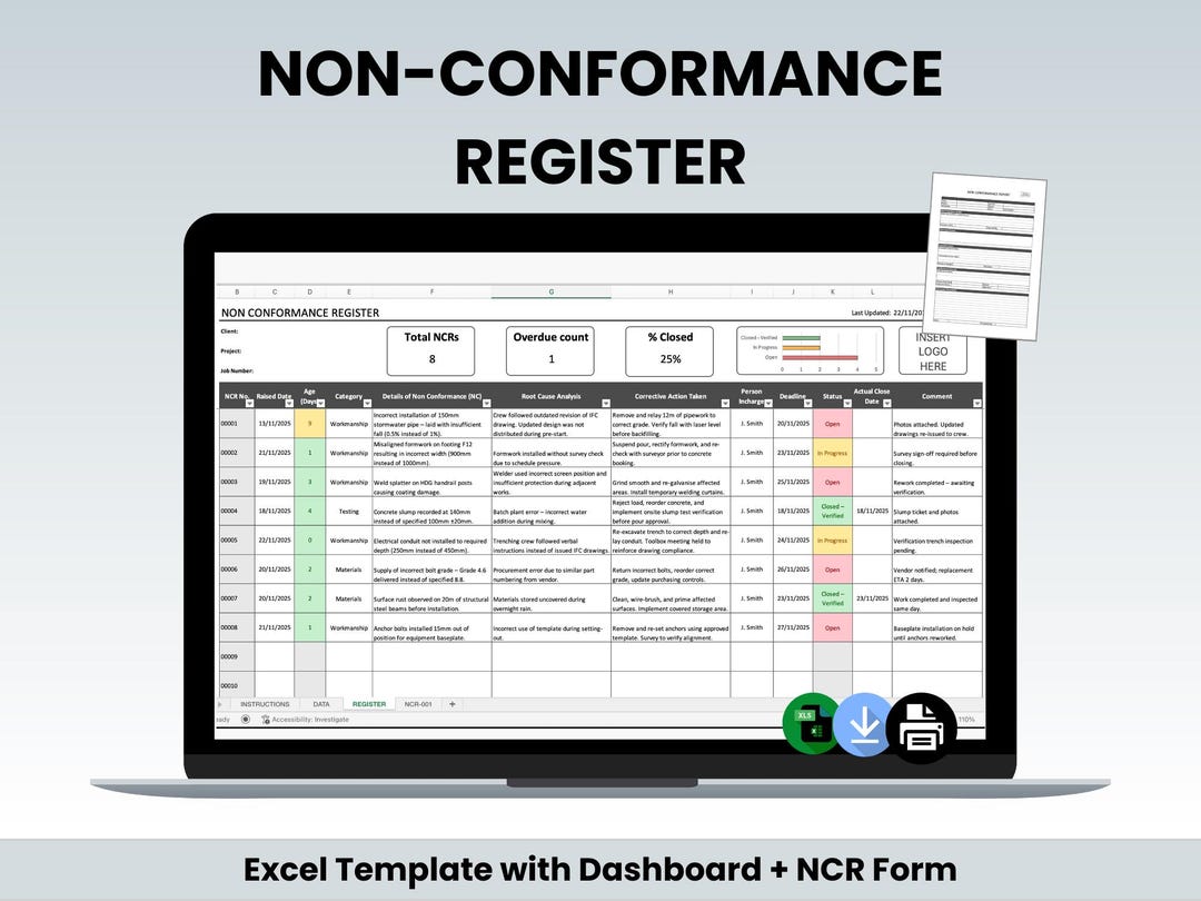 Non Conformance Register Excel Template | Corrective Action Log | NCR ...