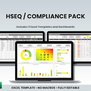 May include: Three laptops displaying Excel dashboards and templates. The image includes the text "HSEQ / COMPLIANCE PACK" and "Includes 5 Excel Templates and Dashboards". The bottom of the image reads "EXCEL TEMPLATE • NO MACROS • FULLY EDITABLE".