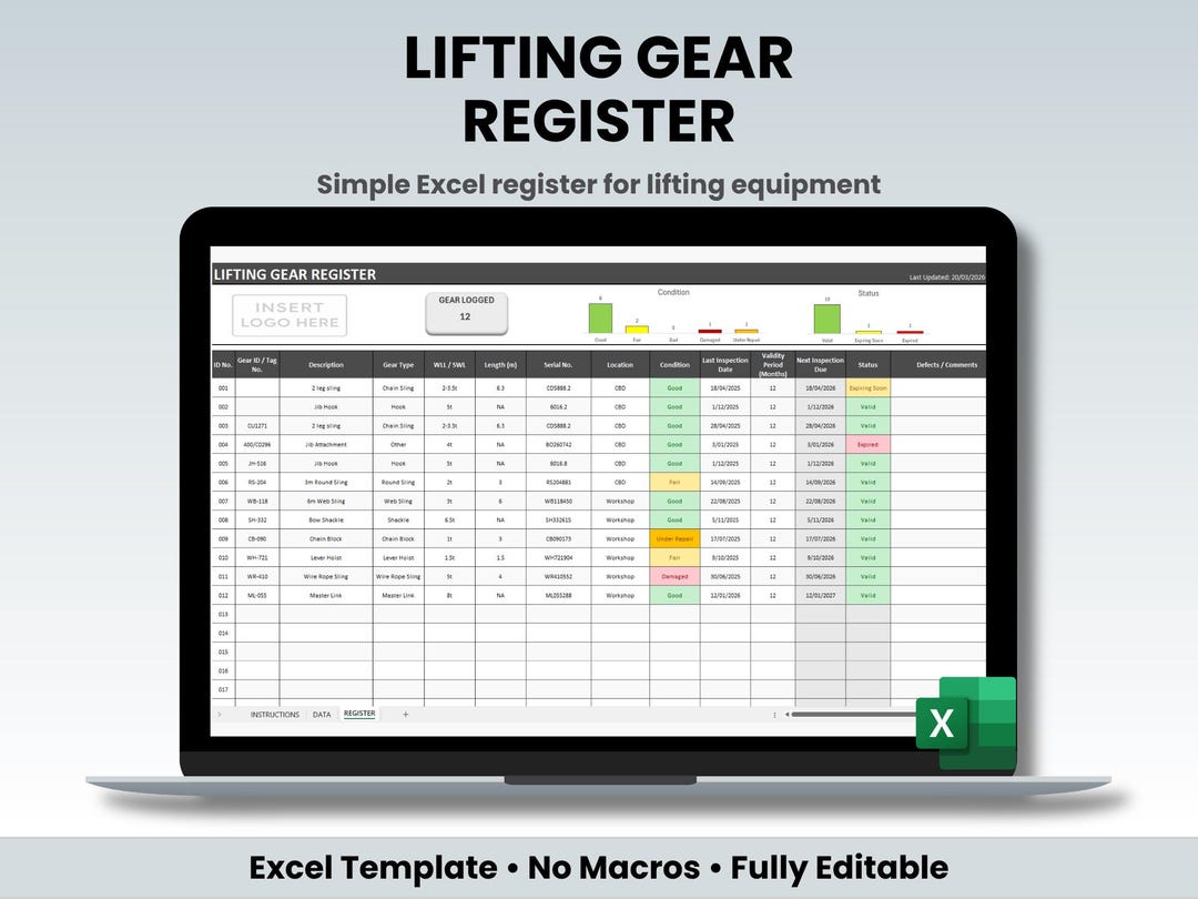 Lifting Gear Register Excel Template | Inspection Tracker | Compliance ...