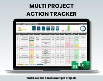 May include: A digital multi-project action tracker spreadsheet displayed on a laptop screen. The interface features a dashboard with bar charts, a progress ring, and a detailed table listing action descriptions, priorities, categories, and dates.
