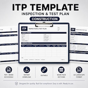 May include: An Inspection and Test Plan template for construction projects, featuring a clipboard with a document titled ITP INSPECTION & TEST PLAN, alongside two additional pages showing tables for work pack sections, completion, and revision history.