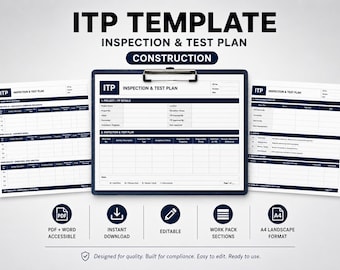 May include: An Inspection and Test Plan template for construction projects, featuring a clipboard with a document titled ITP INSPECTION & TEST PLAN, alongside two additional pages showing tables for work pack sections, completion, and revision history.