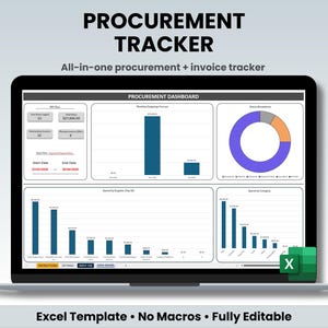 May include: A laptop screen displaying a procurement dashboard with charts and data visualizations. The text "PROCUREMENT TRACKER" and "All-in-one procurement + invoice tracker" are visible. The Excel icon is in the lower right corner. The text "Excel Template • No Macros • Fully Editable" is at the bottom.