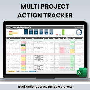 May include: A laptop displays a project management dashboard titled "MULTI PROJECT ACTION TRACKER." The screen shows a spreadsheet with project details, progress bars, and a completion chart. Text at the top reads "MULTI PROJECT ACTION TRACKER." The bottom text says "Track actions across multiple projects."